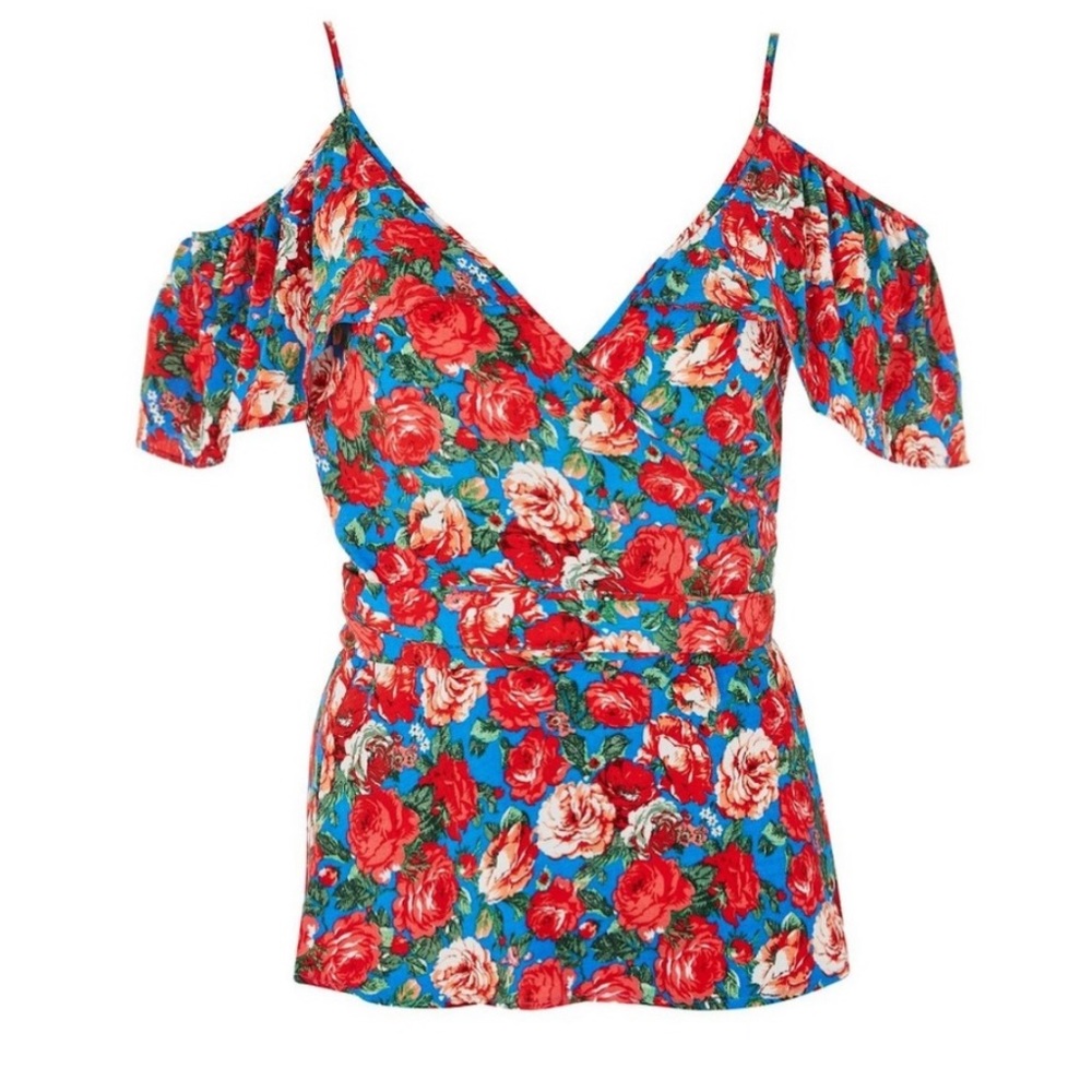 Topshop | Floral Cold Shoulder Wrap Top - Picture 2 of 7
